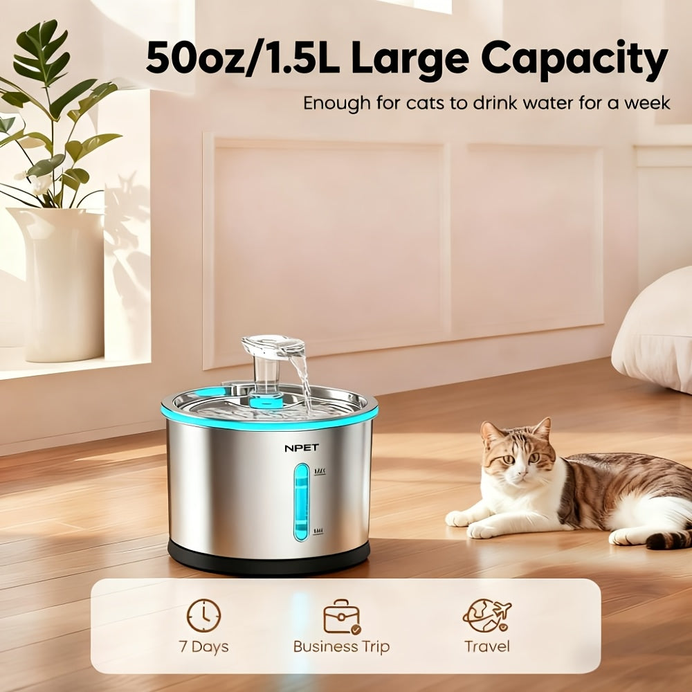 NPET WF210 Stainless Steel Cat Water Fountain 50oz – Ultra Quiet Automatic Pet Water Dispenser with LED Light, Visible Water Window & Dishwasher Safe 304 Steel, Optional Filter Bundles for Cats Dogs