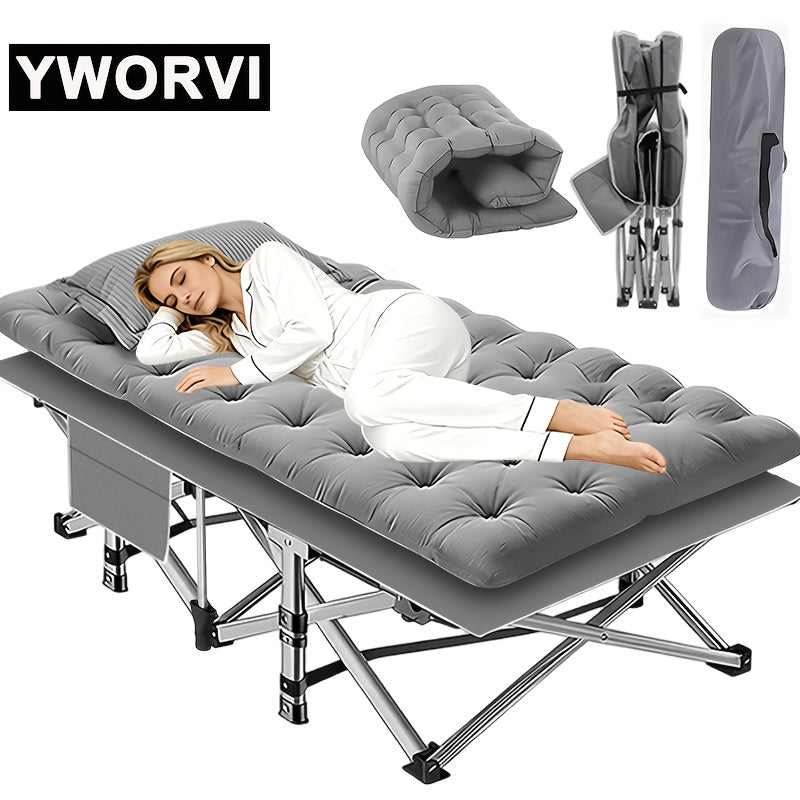 Folding Camping Bed with Mattress & Side Pockets – Heavy Duty Portable Cot for Adults, Foldable Guest Bed for Camping Outdoor Courtyard Terrace Office Guest Room
