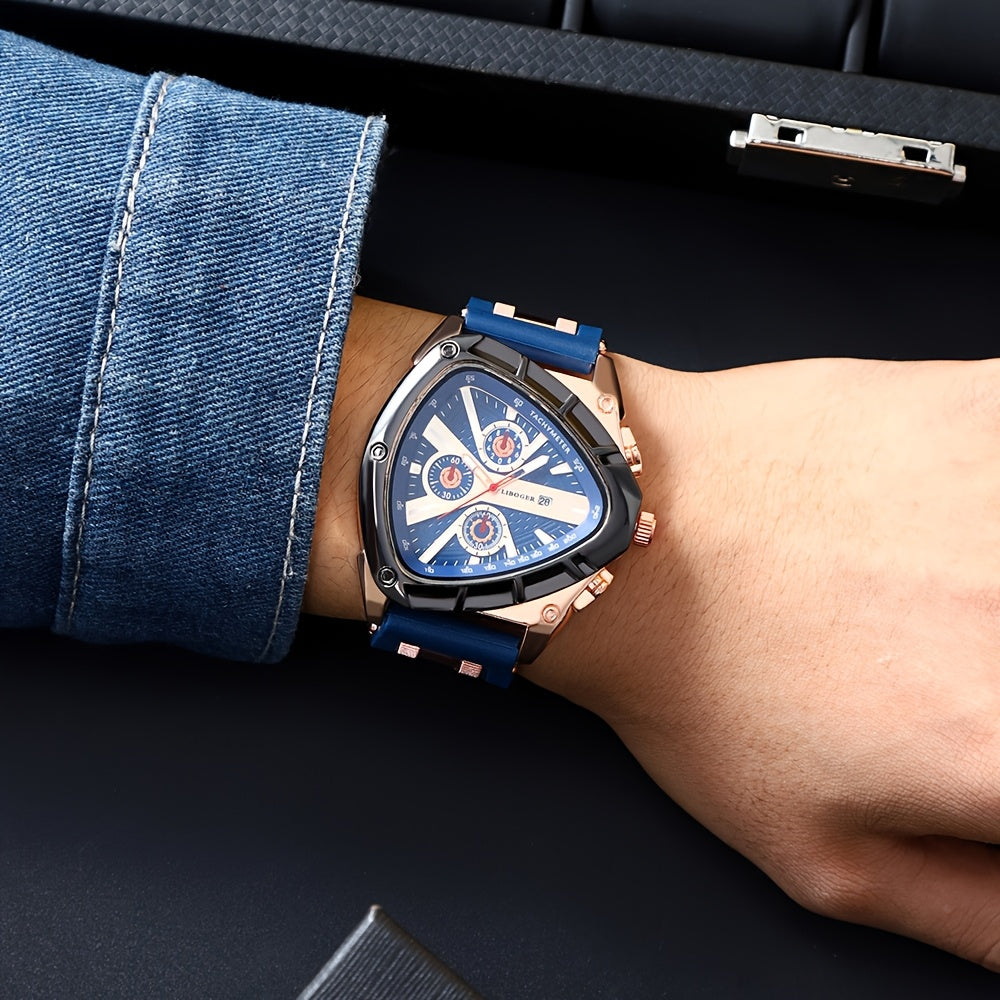 3pcs Men's Quartz Watch Set – Silicone Strap Date Display Triangular Dial, Fashion Sport Casual Wrist Watches for Men, Ideal Birthday Anniversary Gift Set