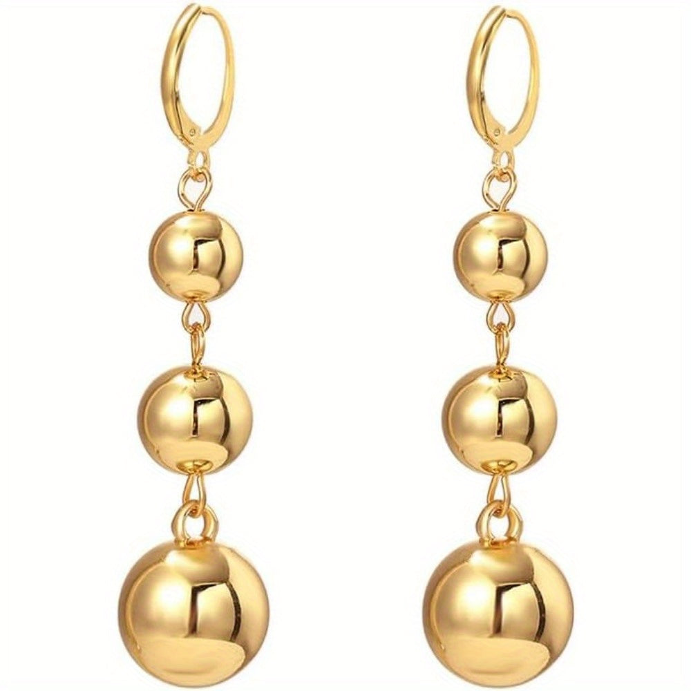 S925 Sterling Silver Triple Ball Drop Dangle Earrings for Women – Retro French Long Design, Elegant Vintage Style, Gold & Silver Tone