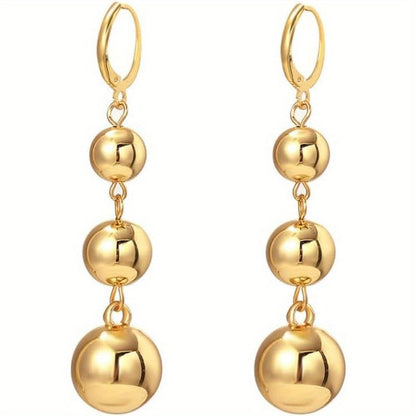S925 Sterling Silver Triple Ball Drop Dangle Earrings for Women – Retro French Long Design, Elegant Vintage Style, Gold & Silver Tone