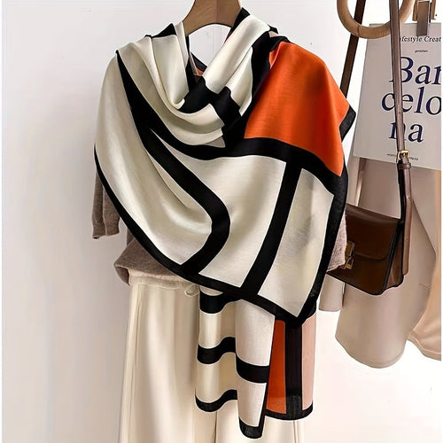 Women's Color Block Viscose Scarf & Shawl – Soft Breathable Geometric Print Windproof Sun Protection Wrap for Casual Outings Travel, Lightweight Hand-Wash Easy Care, Beige Khaki Orange