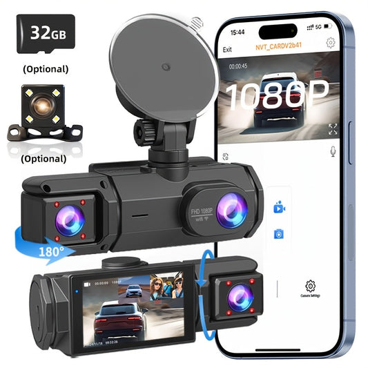 WiFi Dash Camera 2/3 Lens 170° Wide Angle Night Vision Loop Recording G-Sensor 2.0" IPS Screen with 32GB Memory Card - Front Rear Car Camera