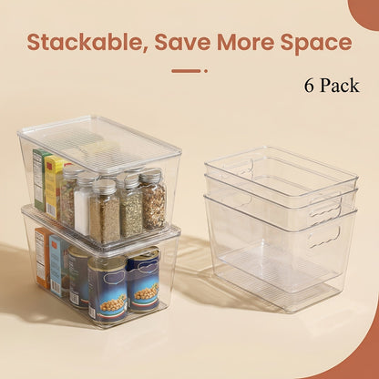 6-Pack Clear Stackable Storage Bins with Lids & Handles – Medium Plastic Pantry Organizer Containers for Kitchen, Fridge, Cabinet, Closet & Bathroom | 10"x6"x5" Each
