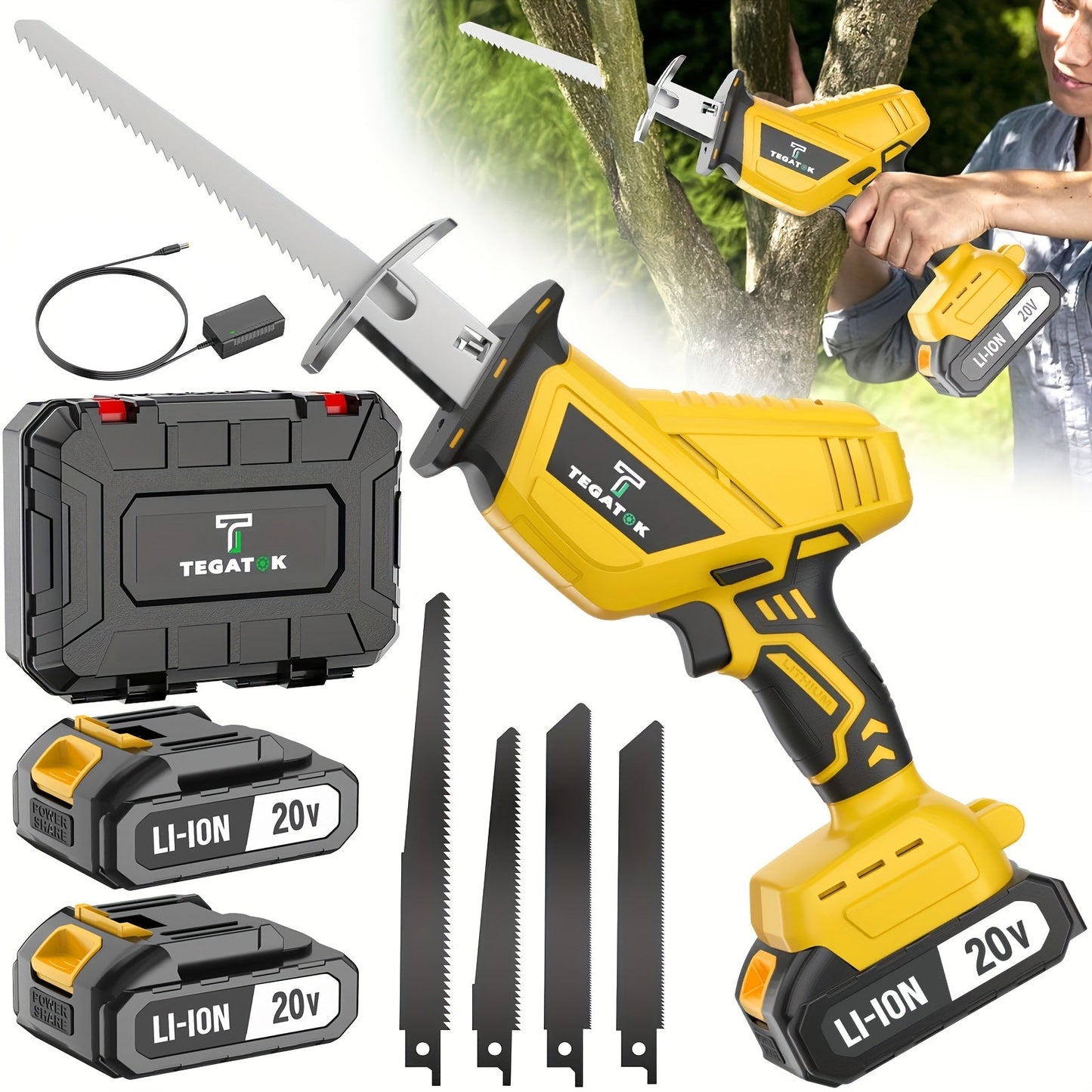 Cordless Reciprocating Saw with LED Light & Safety Lock | Electric Handsaw for Multi-Purpose Cutting, Replaceable Blades, Toolbox Included – 1 or 2 Battery Options, Yellow/Green/Red