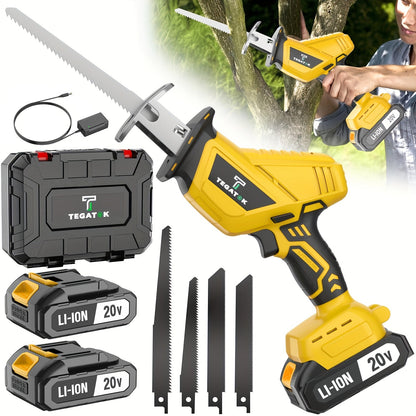 Cordless Reciprocating Saw with LED Light & Safety Lock | Electric Handsaw for Multi-Purpose Cutting, Replaceable Blades, Toolbox Included – 1 or 2 Battery Options, Yellow/Green/Red
