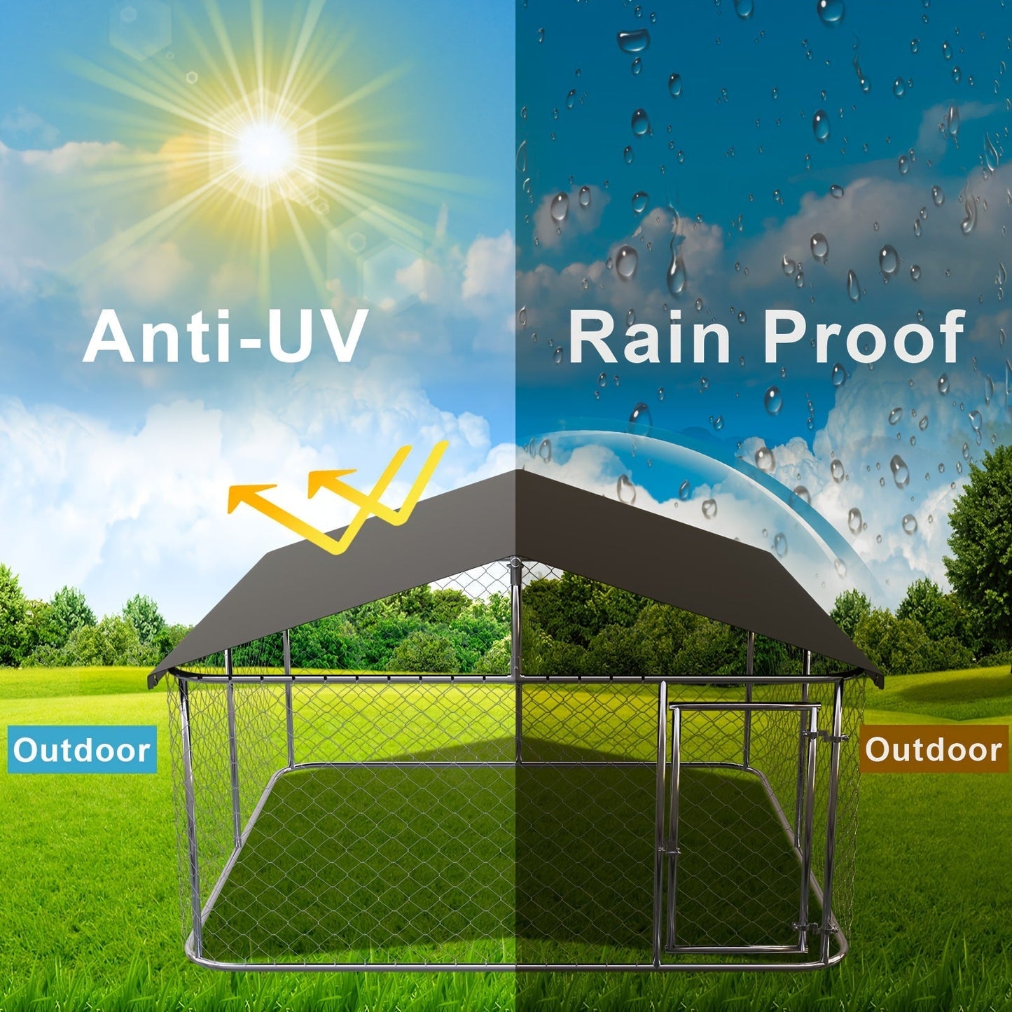 Heavy Duty Outdoor Dog Kennel Enclosure – Galvanized Steel Mesh Cage with Rain & UV-Proof Roof, Secure Lock, Ground Nails, 3 Sizes Available