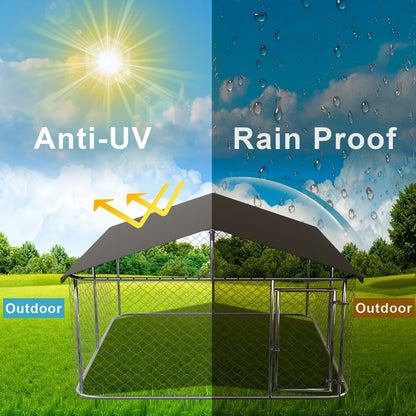 Heavy Duty Outdoor Dog Kennel Enclosure – Galvanized Steel Mesh Cage with Rain & UV-Proof Roof, Secure Lock, Ground Nails, 3 Sizes Available