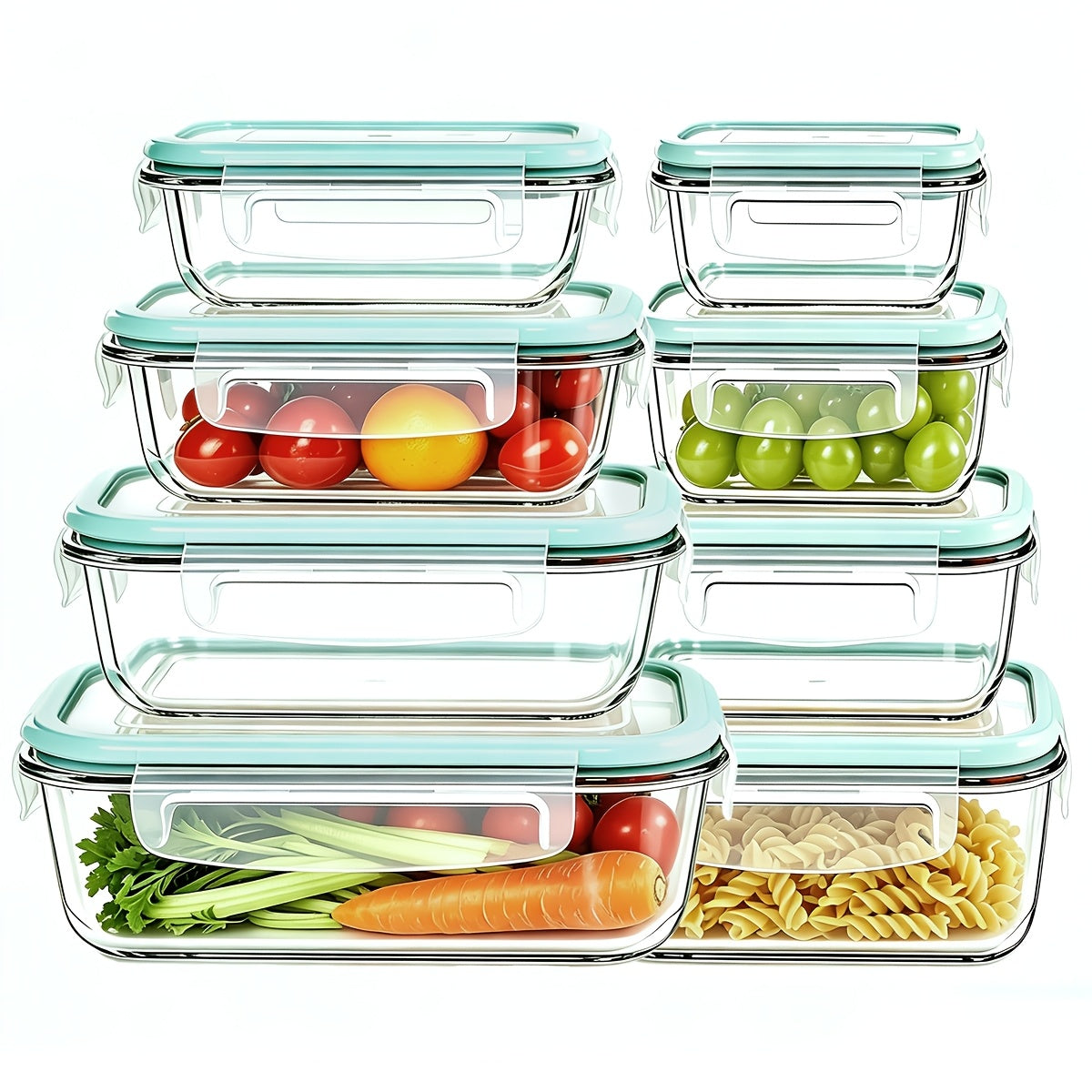 Glass Food Storage Containers with Lids 16-Piece Set (8 Containers + 8 Lids), Airtight Meal Prep Containers Microwave Oven Freezer Safe, Lunch Boxes for Salads Fruits Vegetables Sandwiches Leftovers