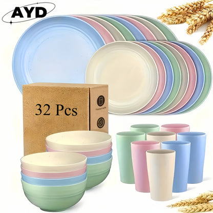 Wheat Straw Dinnerware Set 16 or 32 Piece Unbreakable Lightweight Dish Set with Dinner Plates Dessert Plates Bowls and Cups Dishwasher Microwave Safe Modern Kitchen Tableware Gift for Thanksgiving Christmas