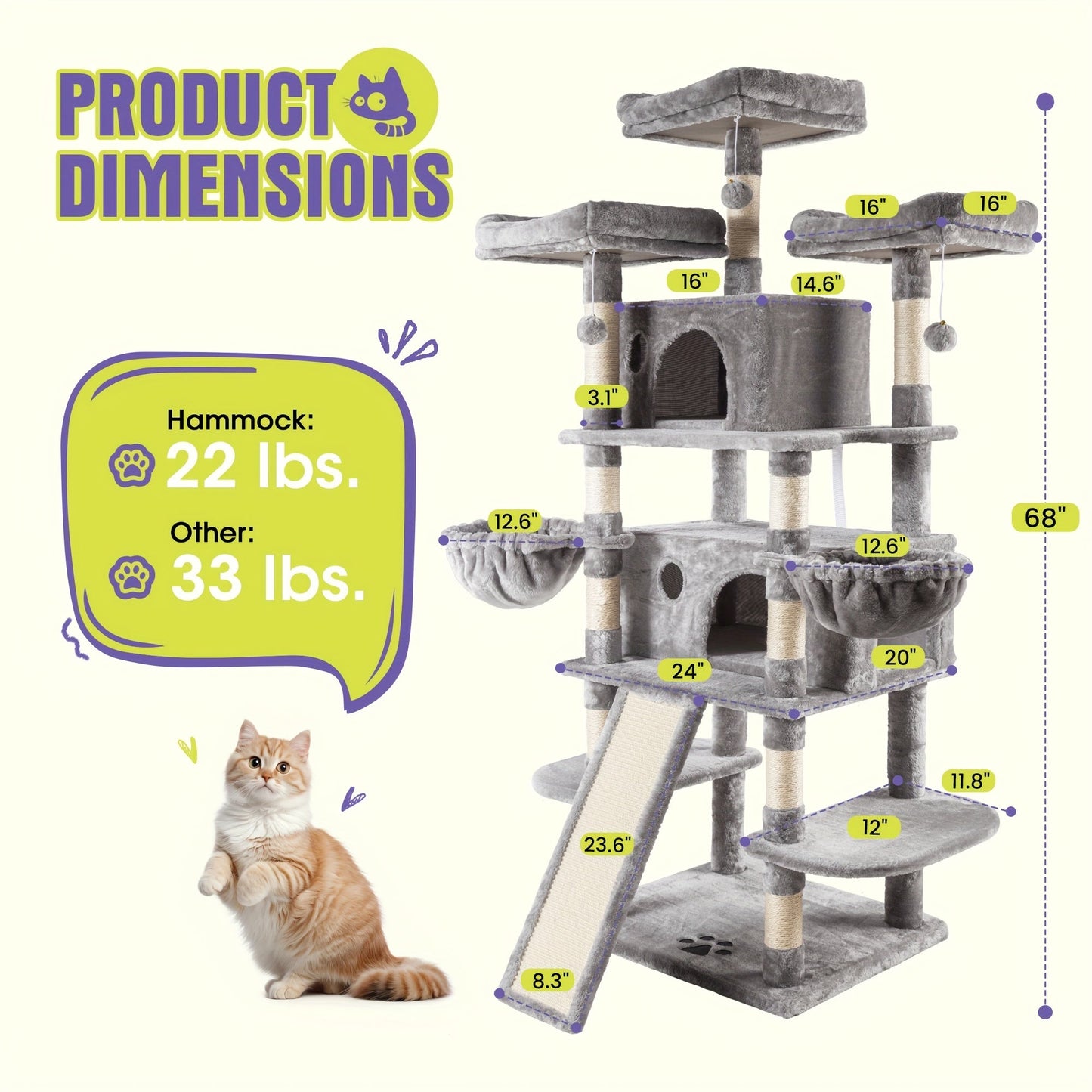 WEEWAY Corner Cat Tree Tower for Indoor Cats 36–81 Inch – Multi-Level Cat Furniture with Sisal Scratching Posts, Condo Cave, Hammock, Ramps, Plush Perches, Basket & Pompom Toys, Perfect Cat Gift
