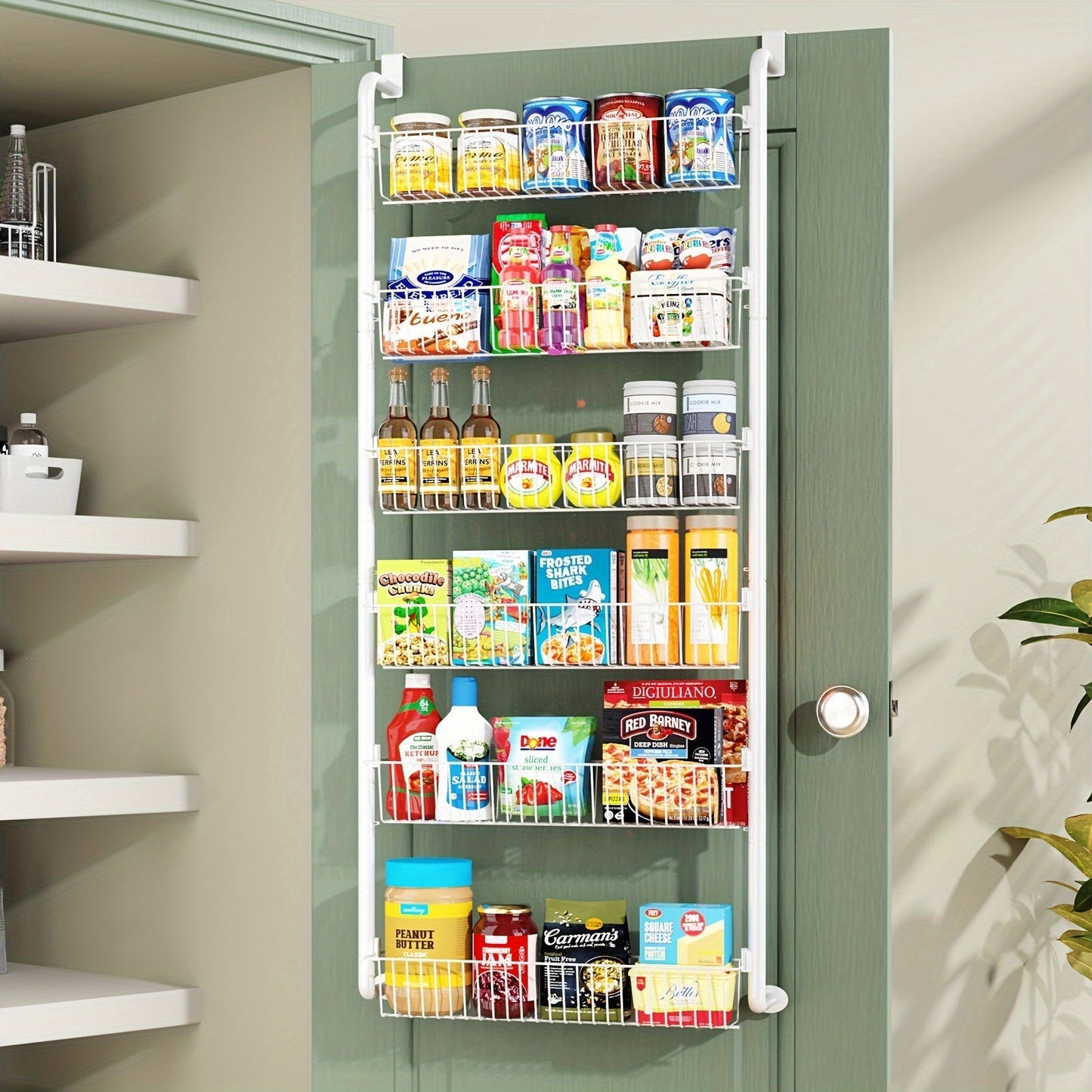 Over the Door Pantry Organizer 6 or 8 Shelf - Heavy-Duty Metal Hanging Storage Rack for Kitchen, Bathroom & Laundry Room, Space-Saving Spice & Food Organizer, Black or White