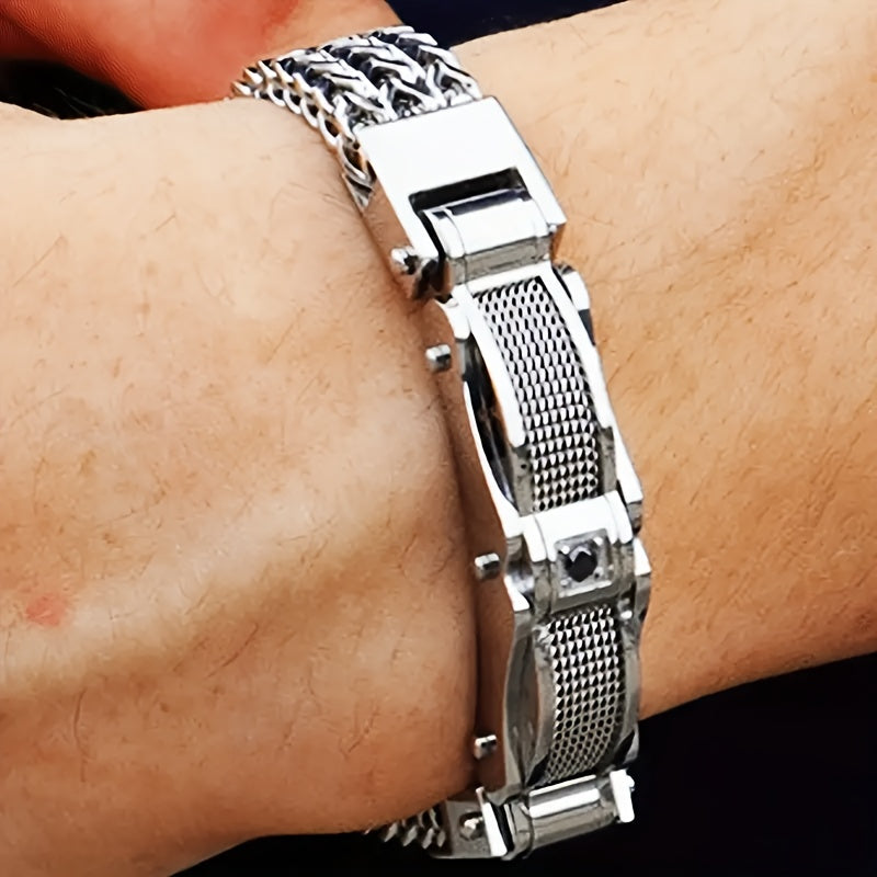Men's Stainless Steel Hip Hop Motorcycle Chain Bracelet Punk Rock Magnetic Clasp Synthetic Gems Biker Jewelry for Nightclub Party Wedding