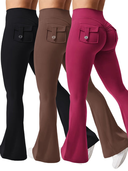 Women's 3-Piece High Waist Flare Yoga Pants Set with Belt and Pockets, Scrunch Butt Lifting Squat Proof 90% Polyester Stretchy Flared Leggings for Workout Gym Running Casual Wear