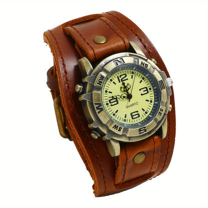 Vintage Steampunk Wide Leather Strap Analog Quartz Watch for Men Women – Unisex Biker Style Round Case, Dark Brown Black Brown, Halloween Christmas Father's Day Gift