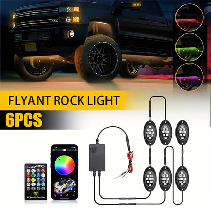 RGB LED Rock Lights Kit for Trucks & Pickup – Sound Activated, APP & Remote Control, Multicolor Underglow Chassis Neon Light, 9 Large Light Beads, 4/6/8/10 Pods Underbody Lighting