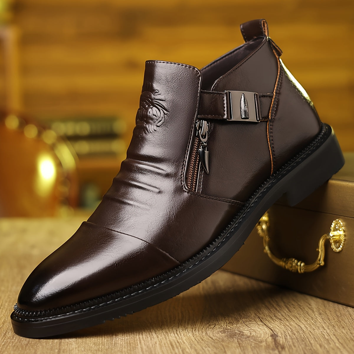 Men's Embossed Leather Ankle Boots – Slip-On Chelsea Boot Casual Dress Style, Black & Brown, Wide Sizes US 8-13.5, Comfortable Non-Slip Sole, Perfect for Work Office Daily Wear