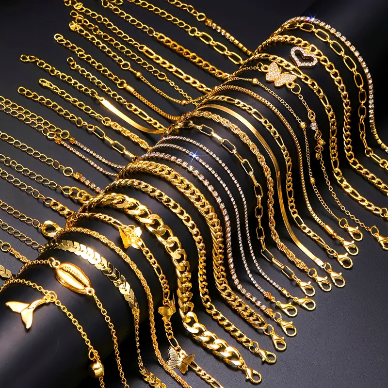 Stacking Anklet Set 22 Pieces for Women – Rhinestone Butterfly & Heart Vintage Gold-Tone Layered Boho Ankle Bracelets, Twist Chain Charm Anklets for Beach Party Vacation Dating & Gift