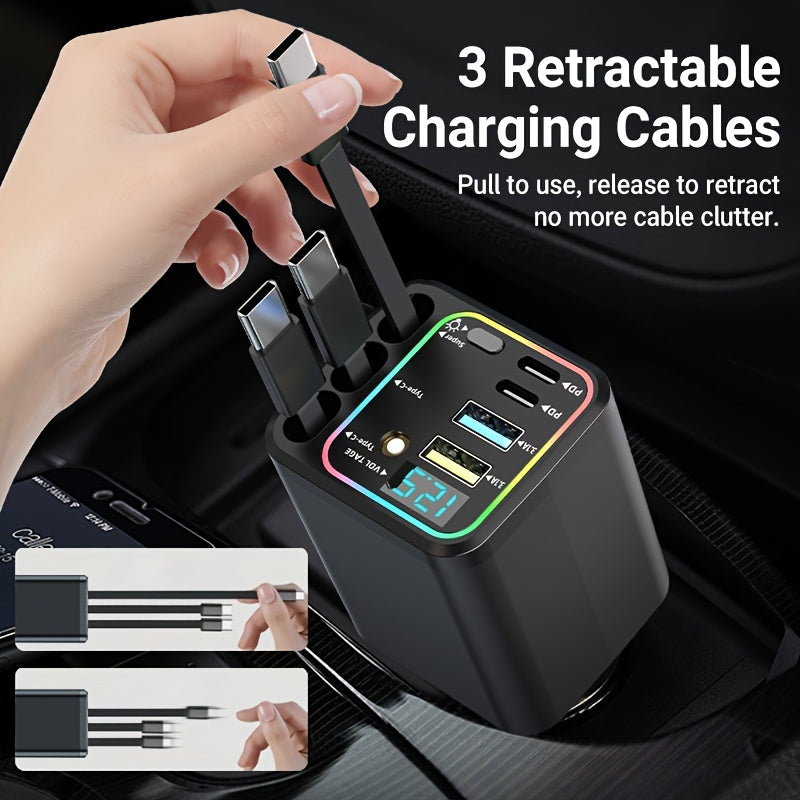 7-in-1 Car Charger with LED Color Light & 3 Retractable Cables – Fast Charging USB Hub, 180° Adjustable, Digital Display, Universal Fit for iPhone Android