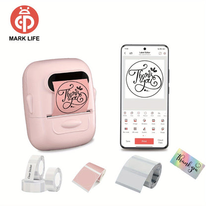 Wireless Thermal Label Maker – No Ink Required, Multiple Templates, Bluetooth Label Printer for Storage Organization Home Office School Supplies, Pink White Blue