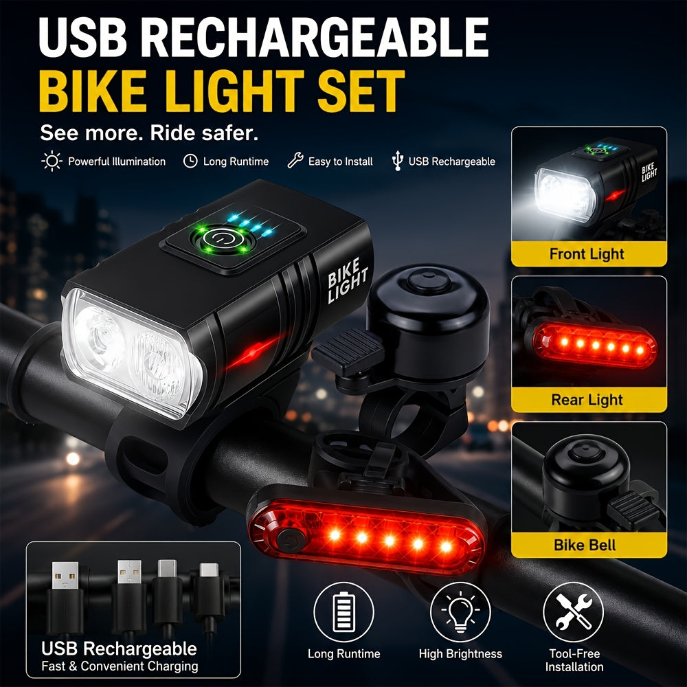Super Bright USB Rechargeable Bike Light Set – LED Front Headlight 1200mAh & Rear Taillight 330mAh, 6+4 Modes, 180° Wide Beam, Safety Bell Included, for Mountain Road & Night Cycling