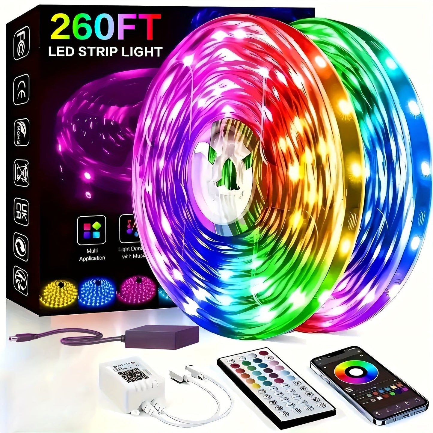 RGB LED Light Strip 50ft to 260ft – Color Changing with 44-Key Remote Control, DIY Mode, Dimmable, for Bedroom, Living Room, Christmas, Holiday Party & Home Decoration