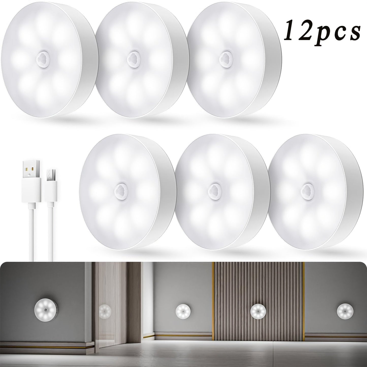 LED Motion Sensor Night Lights USB Rechargeable Wireless Dual Mode Adjustable Brightness Magnetic Mount – Under Cabinet Kitchen Hallway Stairs Closet 6 or 12 Pack
