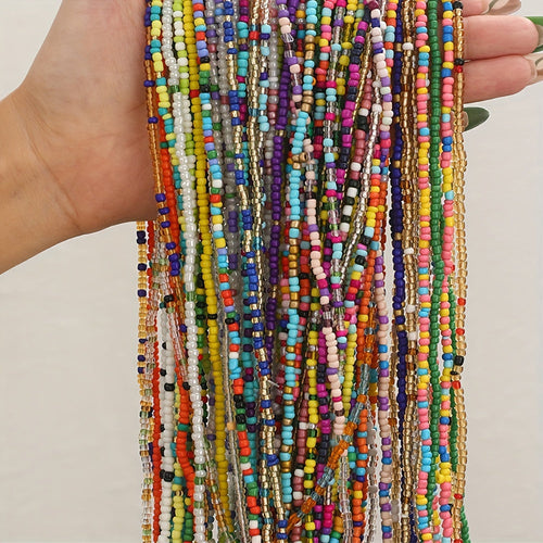 20pcs Boho Colorful Glass Bead Necklace and Elastic Waist Chain Set for Women Mixed Color Beach Bikini Body Jewelry for Party Vacation Festival