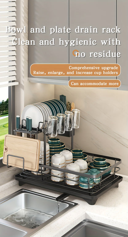 2-Tier Metal Dish Drying Rack with Cutlery Holder, Cup Holder & Rust-Proof Drip Tray – Space-Saving Countertop Dish Drainer for Kitchen Organization, Durable Steel Dish Rack for All Countertop Types