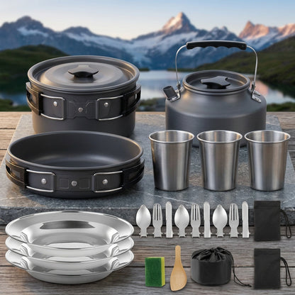Portable Camping Cookware Set for 2-3 People – Nonstick Pot, Frying Pan & Kettle with Foldable Storage, Lightweight Outdoor Camp Kitchen Kit for Hiking, Backpacking & Travel