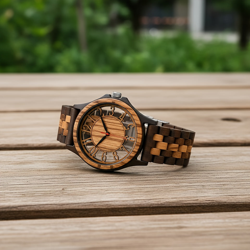 Natural Wood Watch for Men – Hollow Arabic Dial Quartz Wooden Timepiece, Handcrafted Unique Grain Wristwatch, Perfect Gift for Men, Boys, Fathers & Sons on Birthday or Father's Day