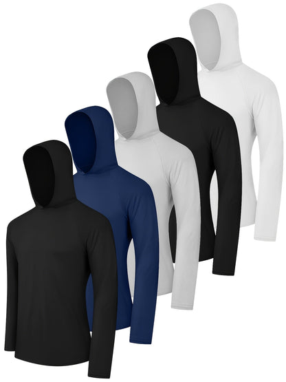 5 Pack Men's Long Sleeve Fishing Shirts with Hood – Lightweight Athletic Rash Guards, UPF Sun Protection Hoodies for Fishing, Hiking & Outdoor Sports, Sizes S-XXL, 3 Color Sets
