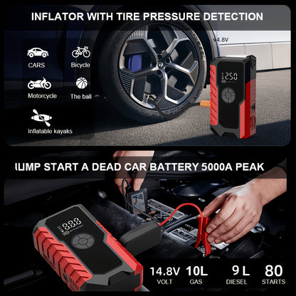 Portable Car Jump Starter 7-in-1 10000mAh 5000A Peak – 150PSI Digital Tire Inflator, LED Emergency Light & USB Charging for 12V Gas & Diesel Trucks SUVs Motorcycles – Holiday Gift for Men
