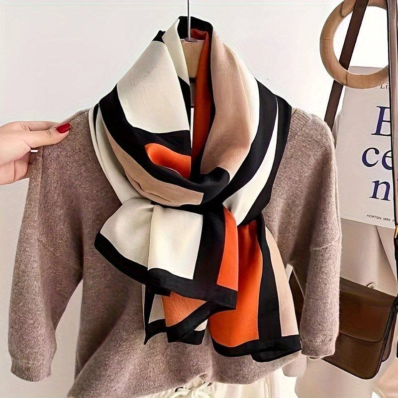 Women's Color Block Viscose Scarf & Shawl – Soft Breathable Geometric Print Windproof Sun Protection Wrap for Casual Outings Travel, Lightweight Hand-Wash Easy Care, Beige Khaki Orange