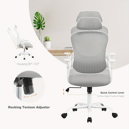 Ergonomic High-Back Mesh Office Chair with Flip-Up Arms Adjustable Headrest Lumbar Support & Wheels - Rolling Computer Desk Chair for Home Office Bedroom Study Pink Grey Black