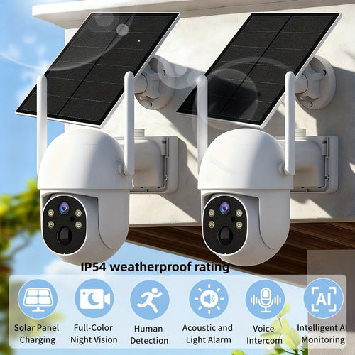 Solar Powered Outdoor Security Camera 2-Pack – IP54 Waterproof Wireless WiFi Cam with AI Human Detection, HD Color Night Vision, Two-Way Audio & Rain-Resistant Design for Home & Yard