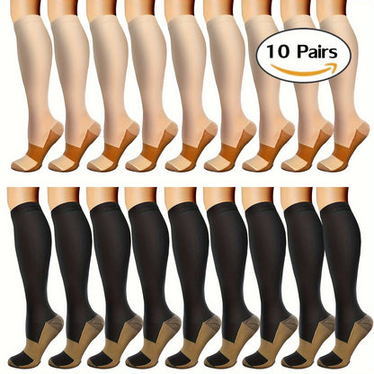 Copper Compression Socks 10 Pairs for Women & Men – Knee High Circulation Support Socks for Running Cycling Climbing Athletic Daily Wear S M L XL XXL Black Skin