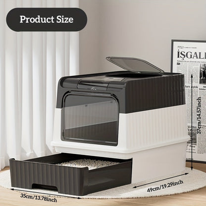 Large Covered Cat Litter Box with Pull-Out Drawer & Scoop – Fully Enclosed Cat Toilet, Front Entry Top Exit, Odor Control, Leak-Resistant Easy-Clean Tray for Multi-Cat Homes, Obsidian Black / Shell Gray / Sand Pink