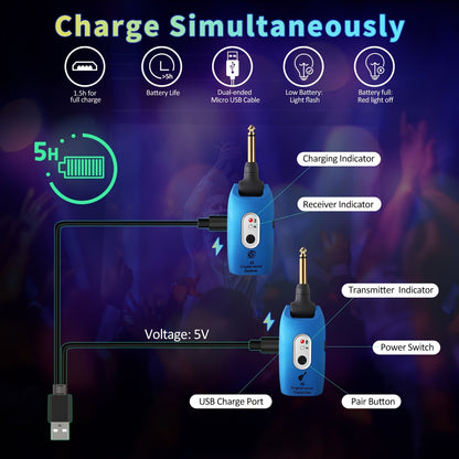 Wireless Guitar System 2.4GHz with 270° Rotatable Plug & Built-In Rechargeable Battery – Transmitter Receiver for Electric Guitar, Acoustic, Bass, Violin & Keyboard – Velora