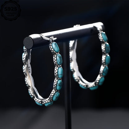 925 Sterling Silver Turquoise Stud Earrings – Bohemian Retro Hypoallergenic Earrings for Women, Charming Gemstone Studs for Daily Wear, Gift for Ladies – Mother's Day, Valentine's Day, Birthday & Anniversary