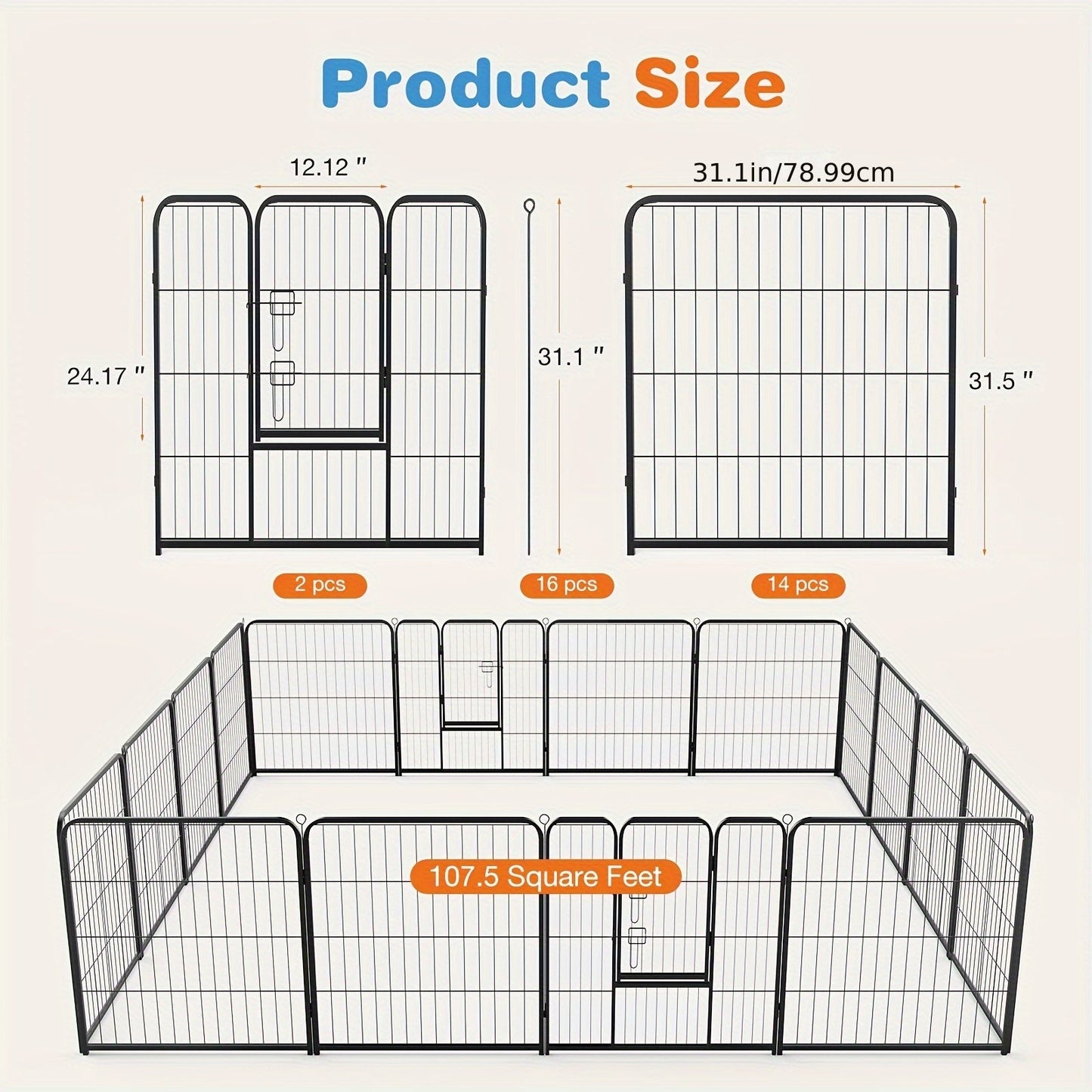 Portable Dog Playpen 8/16 Panels Heavy Duty Pet Exercise Pen for Large Medium Small Dogs Indoor Outdoor Use RV Camping Garden Yard Puppy Rabbit Animal Pen