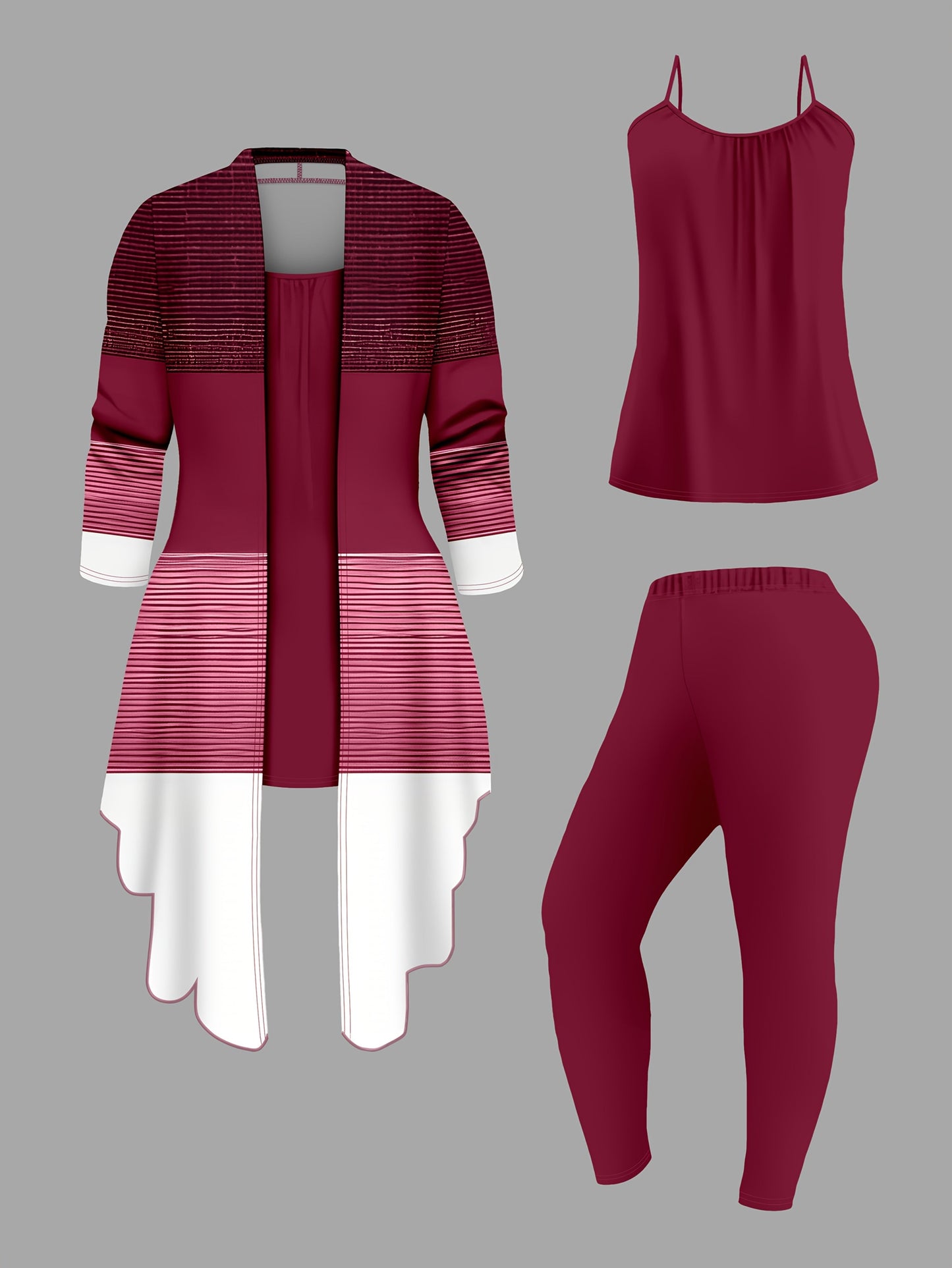 Women's 3-Piece Suit Set – Printed Cardigan Jacket with Solid Slacks & Vest, Elegant Everyday Office Outfit, Blue Navy / Deep Red / Green, Sizes S-XXL