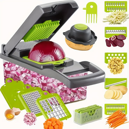 16-in-1 Manual Vegetable Chopper Set with 8 Blades, Storage Container, Peeler & Filter – Professional Onion, Carrot, Garlic Slicer & Dicer for Easy Meal Prep, Kitchen Gadget Gift for Home Cooks