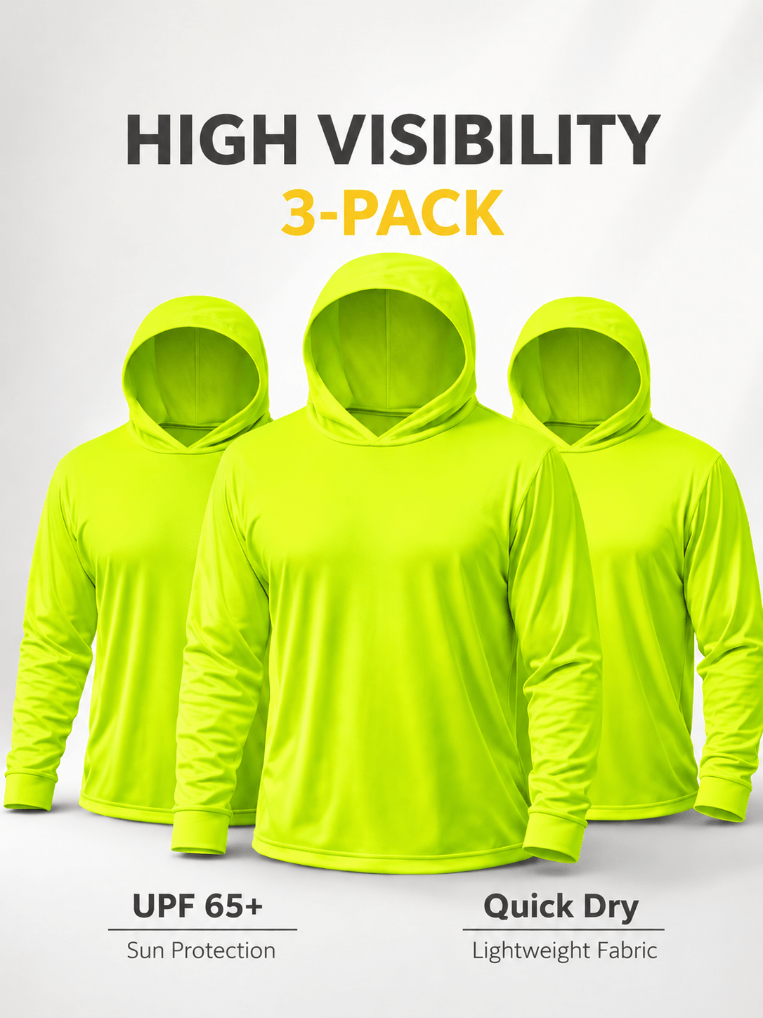 Men's UPF 50+ Sun Protection Hoodie Shirt 3-Pack Long Sleeve Moisture-Wicking Quick-Dry Breathable Outdoor Performance T-Shirt for Hiking Fishing Running – Sizes S to XXXL, Fluorescent Yellow