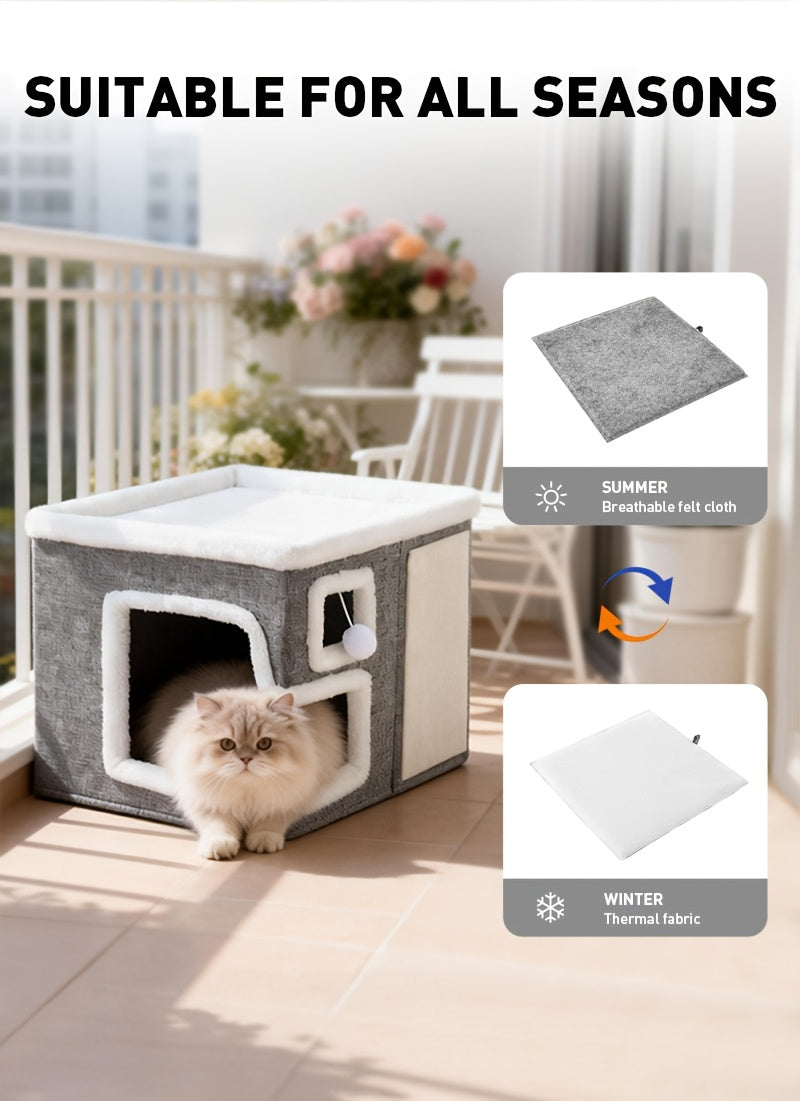 3-in-1 Cat House Indoor Condo – Luxury Wooden Ottoman Style Cat Bed Sleep Play & Scratch, Multi-Cat Friendly Large Cat Cave Hideaway Cube Furniture, Light Gray Standard & Large