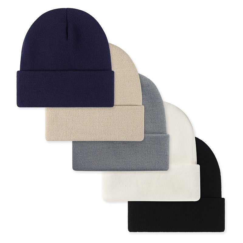 5-Pack Unisex Knit Beanie Hats for Men & Women - Warm Windproof Soft Acrylic Skull Caps for Winter Skiing Outdoors & Everyday, Lightweight Stretchy Cuffed Beanies Multipack, Great Gift
