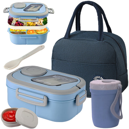 2-Layer Bento Lunch Box Set with Cup & Insulated Lunch Bag – Multi-Grid Leakproof Food Container for School, Office & Picnic, Choose Salad, Coffee, Milk or Soup Cup, Pink Green Blue White