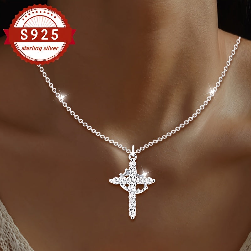 S925 Sterling Silver Cross Crown Pendant Necklace for Women – Vintage Luxury Hypoallergenic Jewelry for Daily Wear, Vacation & Banquet, Elegant Gift