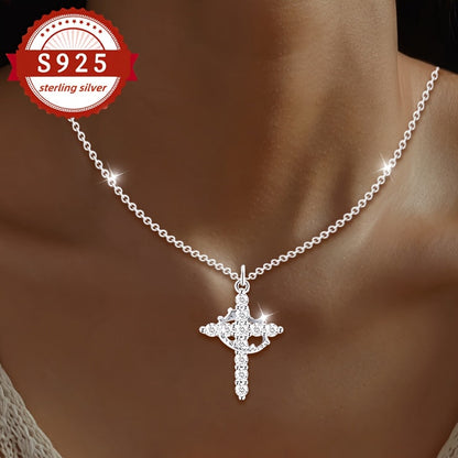 S925 Sterling Silver Cross Crown Pendant Necklace for Women – Vintage Luxury Hypoallergenic Jewelry for Daily Wear, Vacation & Banquet, Elegant Gift