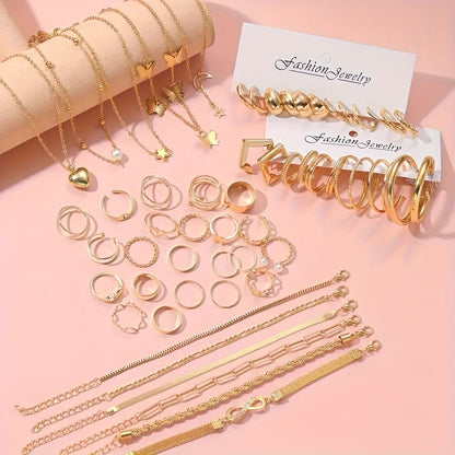 57-Piece Boho Jewelry Set for Women - Bracelets Rings Anklets Earrings Necklaces Gold Silver Elegant Layering Accessories for Daily Wear Vacation Beach Festival & Gift